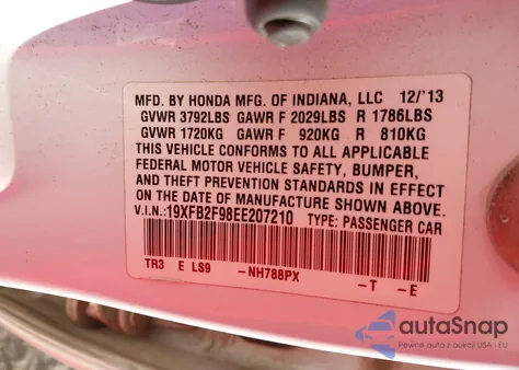 2014 Honda Civic Ex-L z USA, uszkodzony, nr VIN 19XFB2F98EE207210